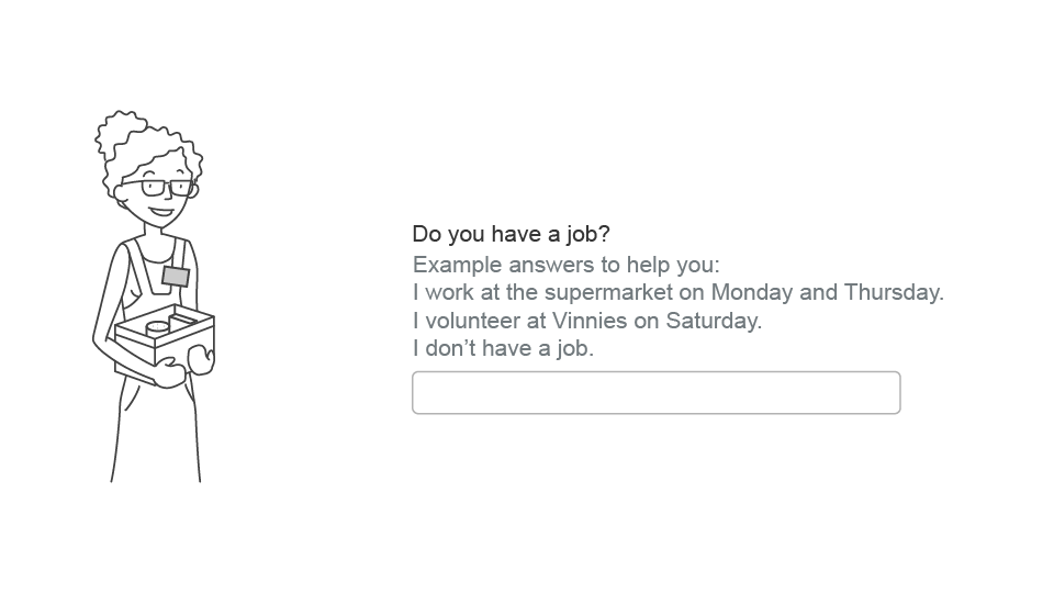 Drawing of a volunteer with questionnaire text about job status to the right of the drawing