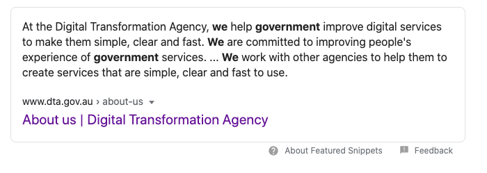 Example search result, with the description pulled from page content. 