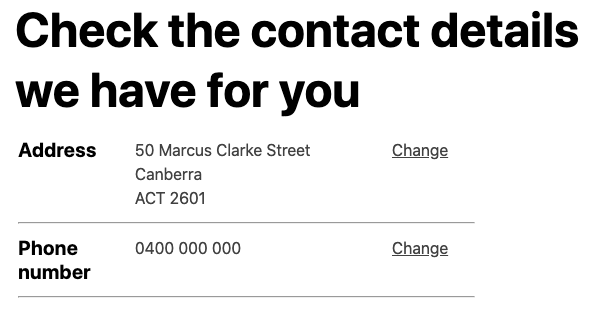Page with Address and Phone number details and links to change them