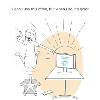 Line drawing of a person jumping up from their chair. They are pointing to a computer monitor that sits on a desk. The words on the monitor are 'Style Manual 7th edition'. Quote: 'I don't use this often, but when I do, it's gold!'